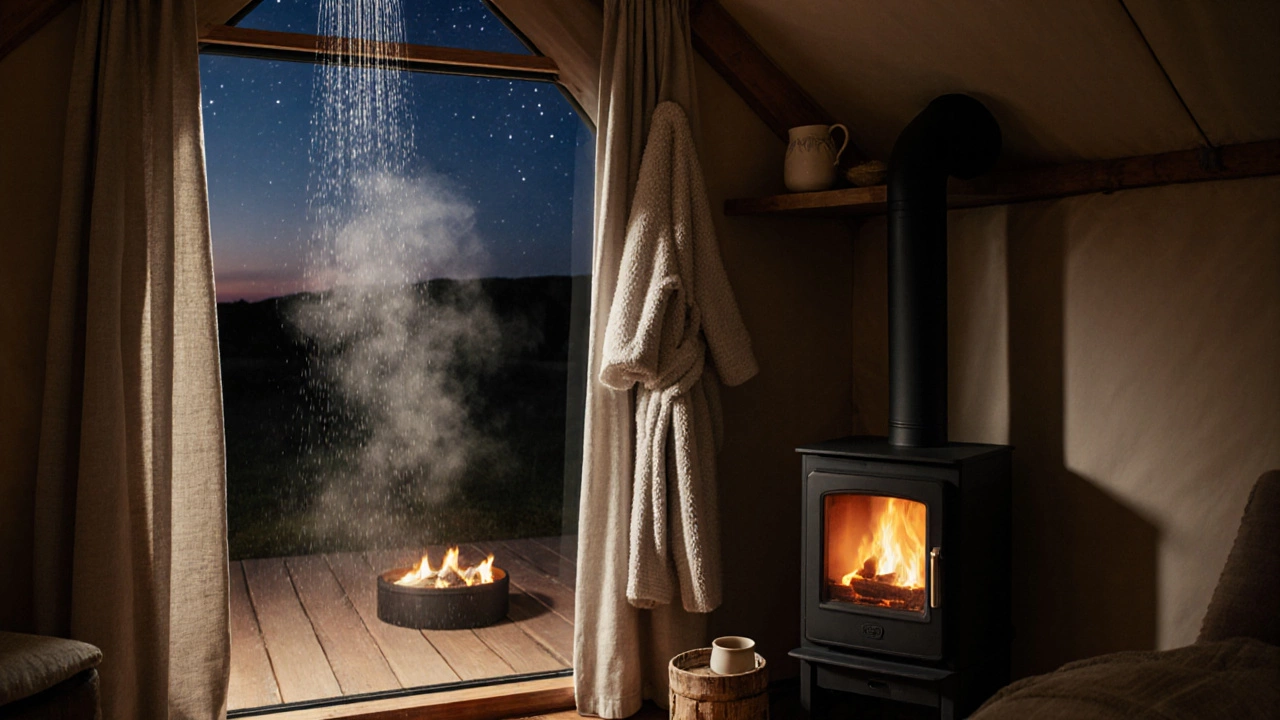 Inside a luxurious glamping cottage with a rainfall shower, wooden interiors, and a starry night view through the window.