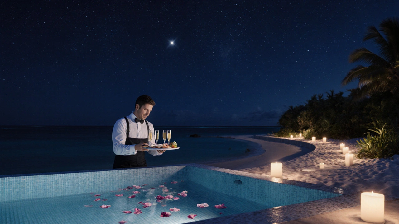 Luxury couple in a private plunge pool with champagne and candlelit beach path.