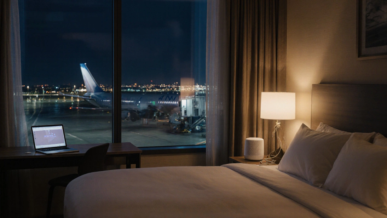 Quiet airport hotel room with soundproof windows, white noise machine, and desk for work.