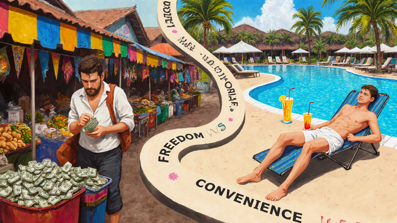 Split scene comparing local food exploration versus resort relaxation.