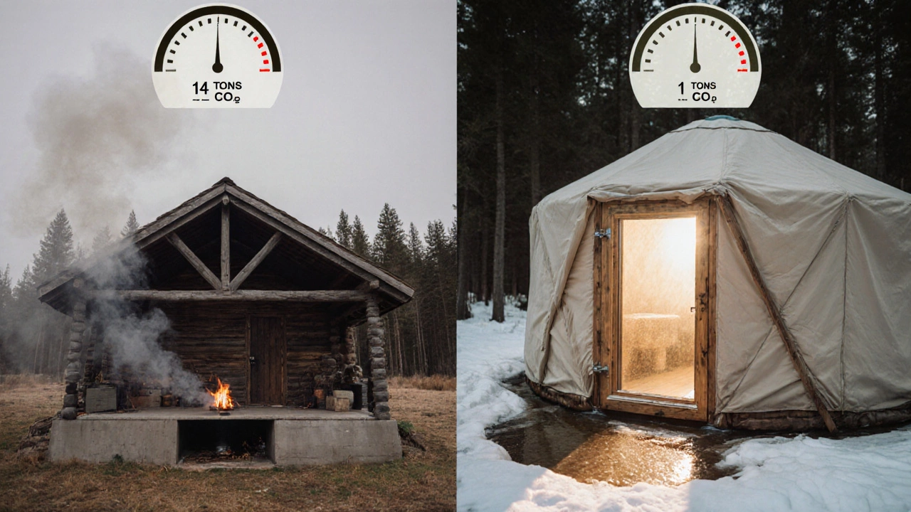 Split-screen comparison: conventional cabin vs. sustainable yurt, with carbon footprint labels.