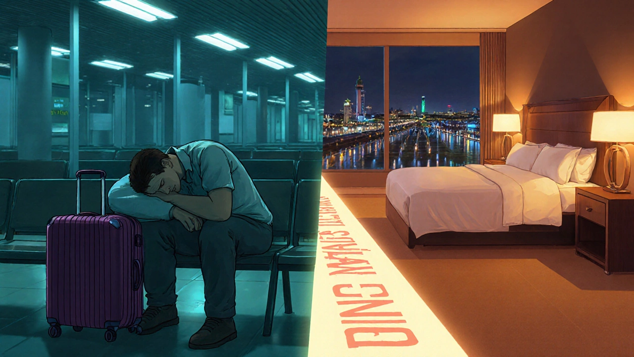 Split-screen: stressed traveler on airport bench vs. same person sleeping peacefully in a hotel room.