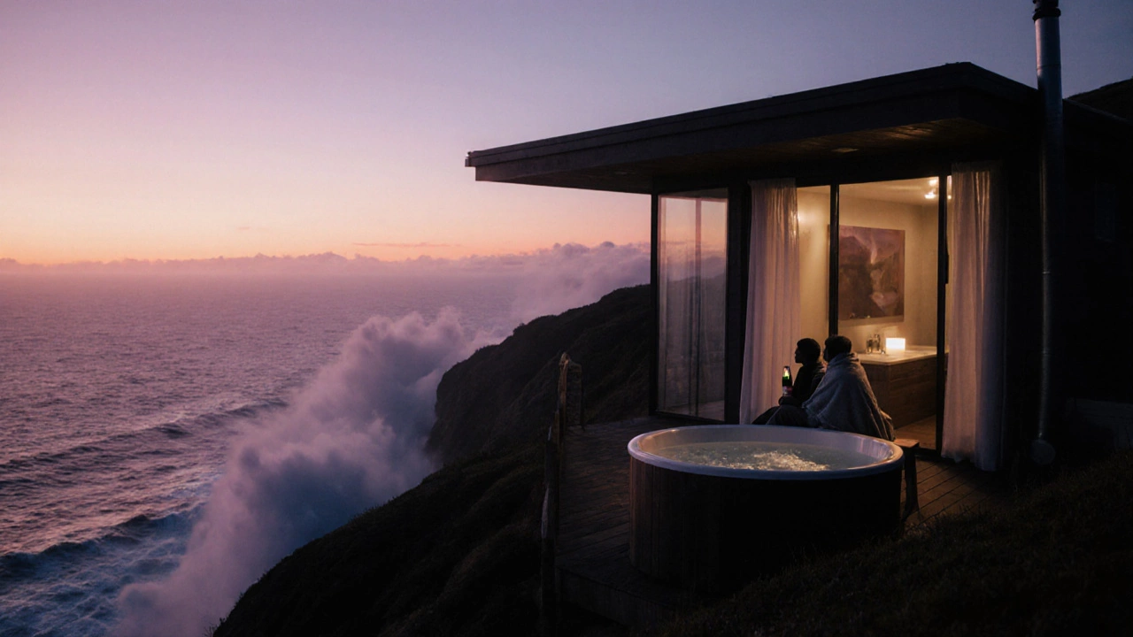 Two silhouettes relax in an outdoor hot tub at a clifftop cabin overlooking the Pacific at sunset.