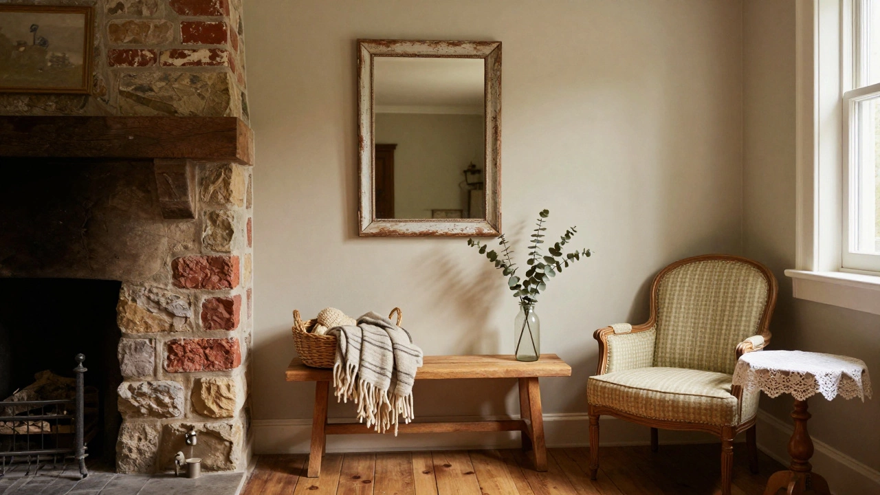A hallway with a wooden bench, vintage mirror, and woven basket, blending rustic brick and chintz upholstery in warm, tranquil light.