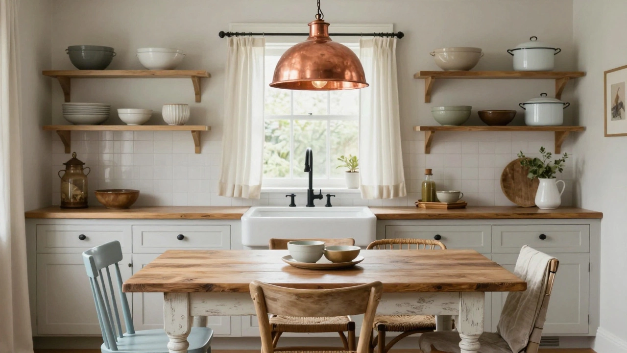 A kitchen with an apron sink, open shiplap shelves, and a distressed wooden table surrounded by mismatched chairs in pastel tones.