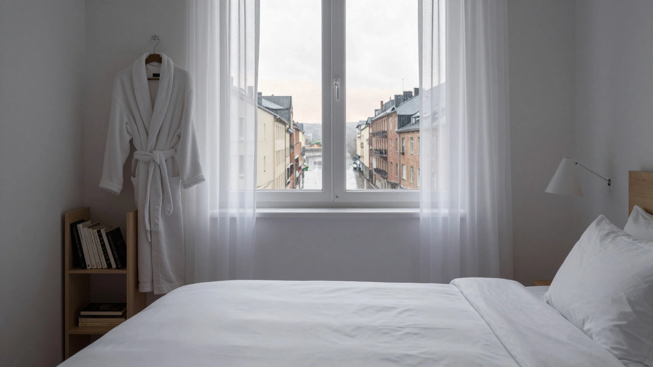 A serene solo traveler room with a bed, bookshelf, and window overlooking a rainy city at dawn.