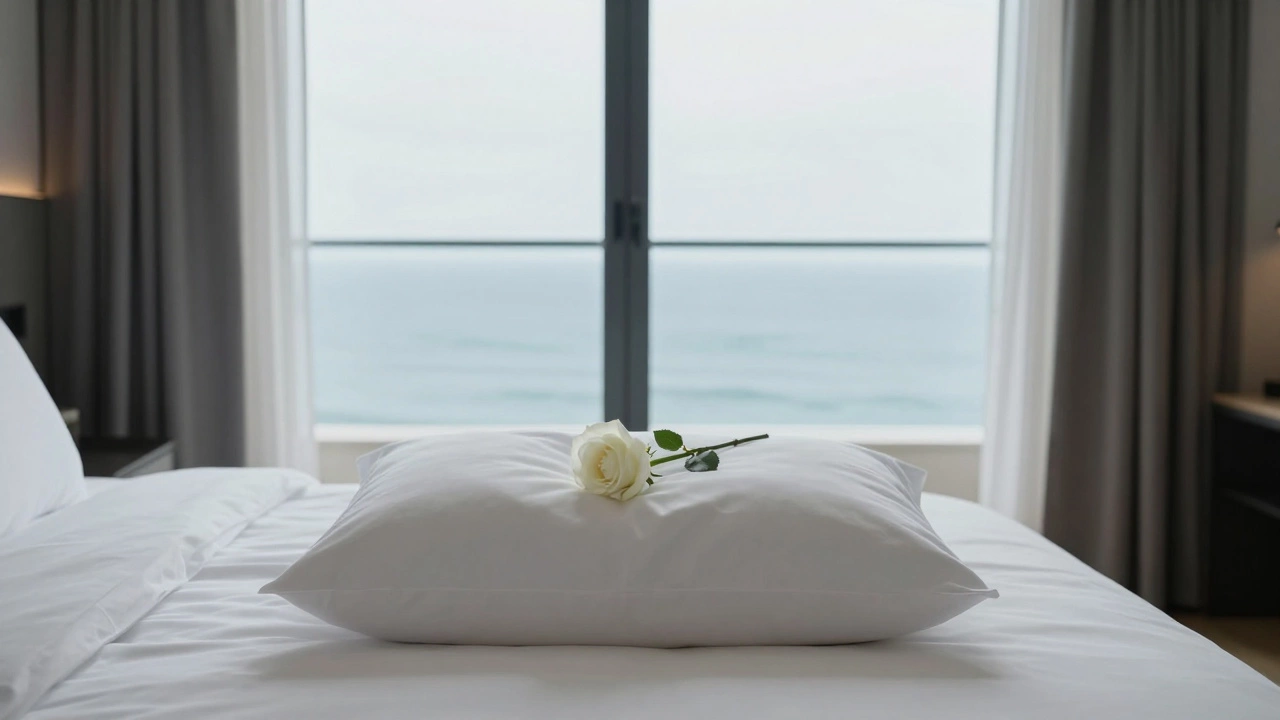 A single white rose on a pillow in a quiet hotel suite with ocean view, no other items visible.