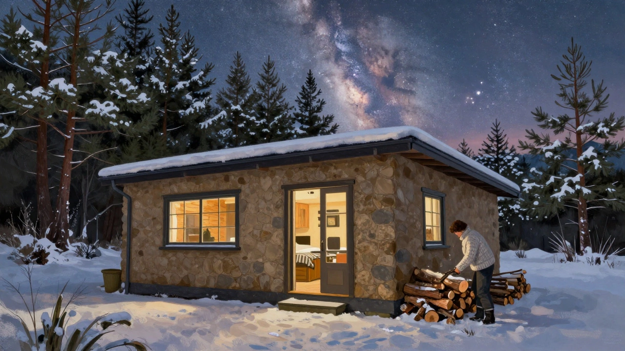 A snow-covered off-grid cottage in New Zealand’s South Island, lit by fading dusk and surrounded by pine trees.