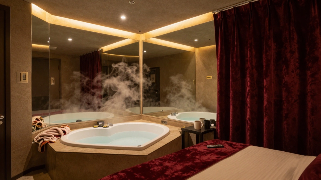 A themed love hotel room with mirrors, soft lighting, and a heart-shaped tub, empty but lived-in.