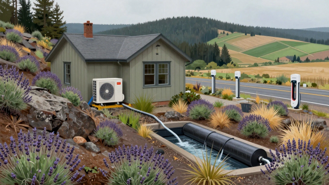 An Oregon eco-cottage with heat pump and rainwater system, beside drought-resistant plants and EV charging stations.