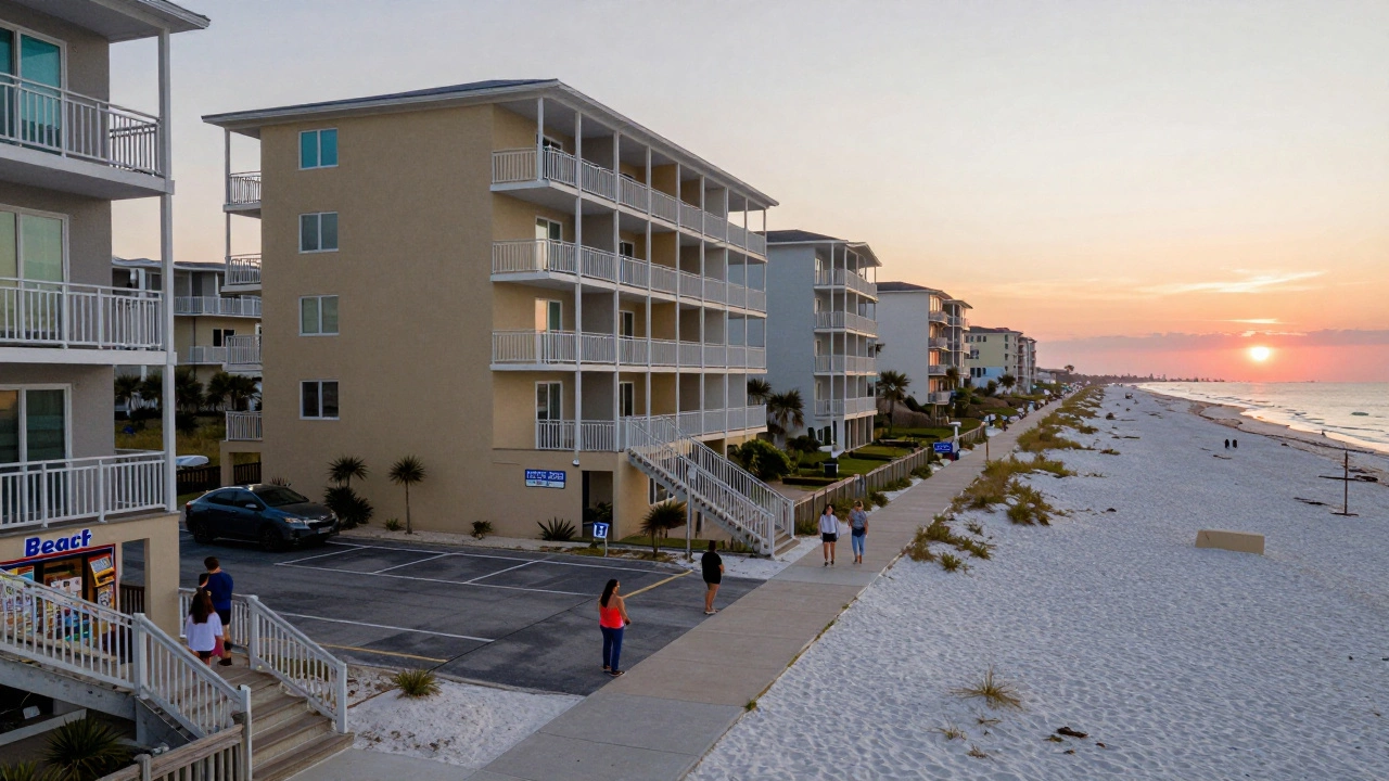 Beachfront condo with guests walking down stairs and across a sidewalk to reach the shore.