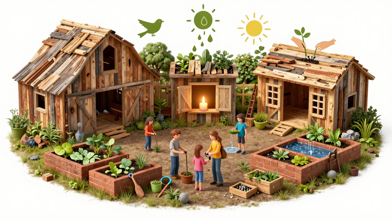 Circular illustration of a sustainable cottage’s lifecycle: reclaimed wood, food growth, rain collection, and composting.
