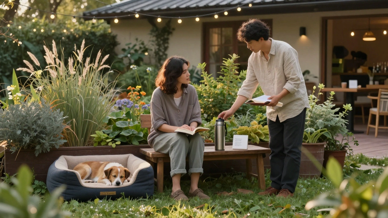 Concierge leaving tea and a book in a hidden garden with a sleeping dog nearby.
