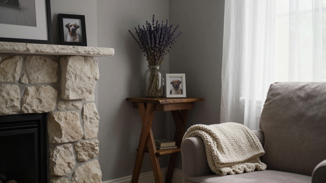Corner of a living space with sheepskin rug, knitted throw, and vintage jar of dried lavender in soft light.