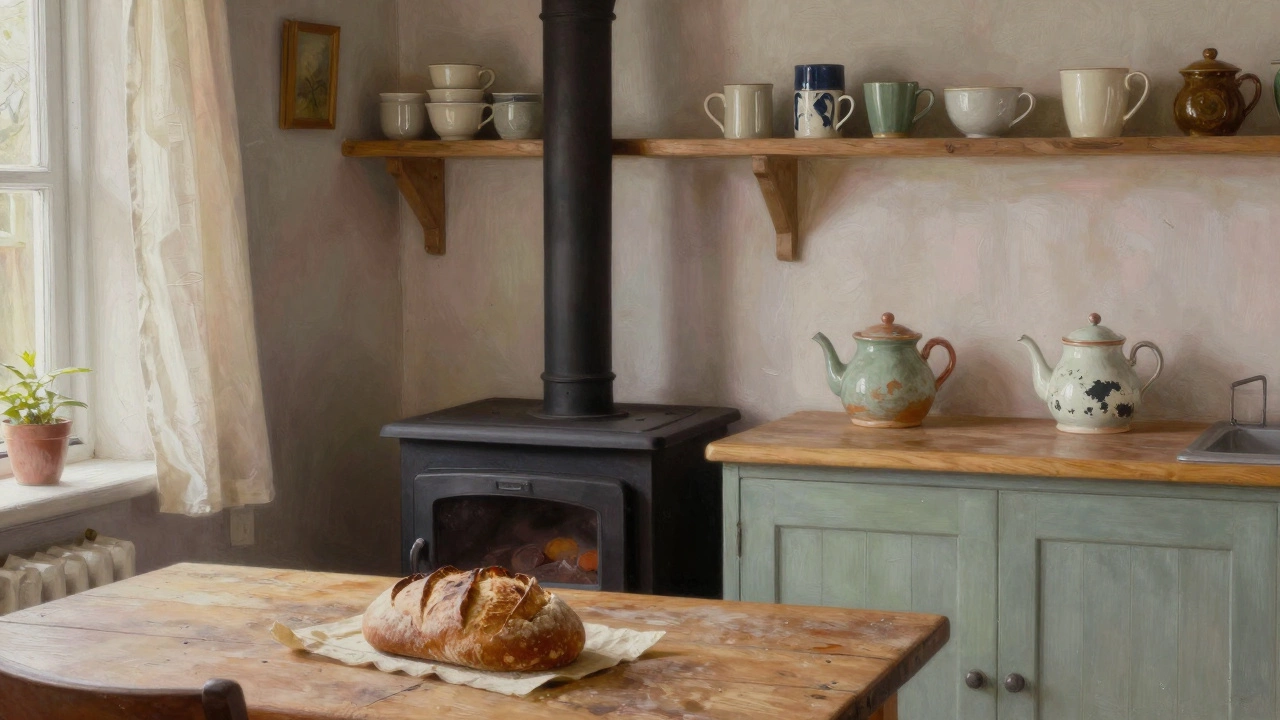 Cozy cottage kitchen with mismatched mugs, wooden table, and warm light on a baking loaf of bread.