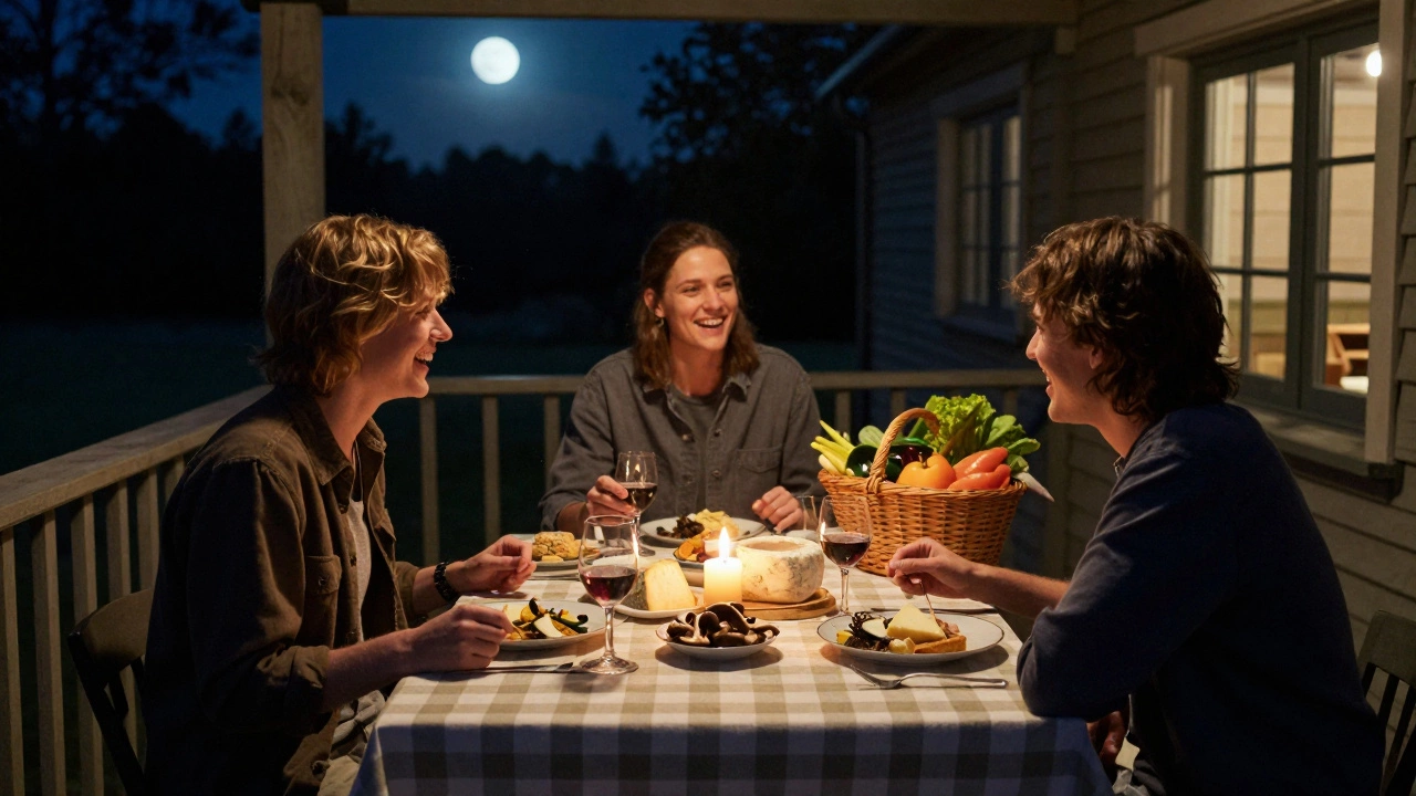 Friends enjoying a homemade meal on a cottage porch under starlight with candles and market basket.