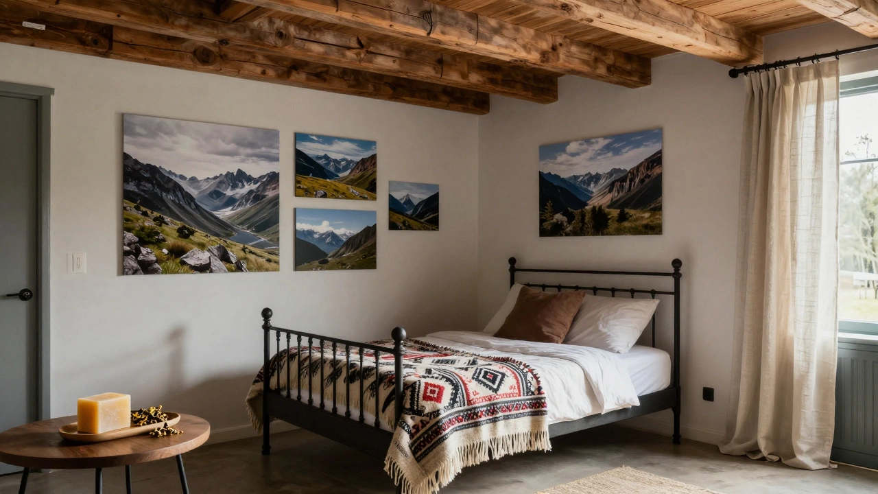 Guest room with raw timber beams, handwoven wool blankets, and local artwork in natural light.