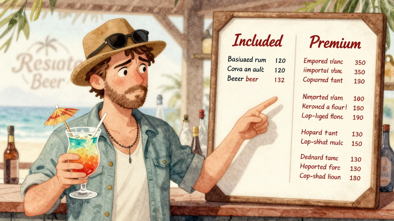 Illustration comparing included and premium drinks on a resort menu, showing the difference between basic and upscale options.