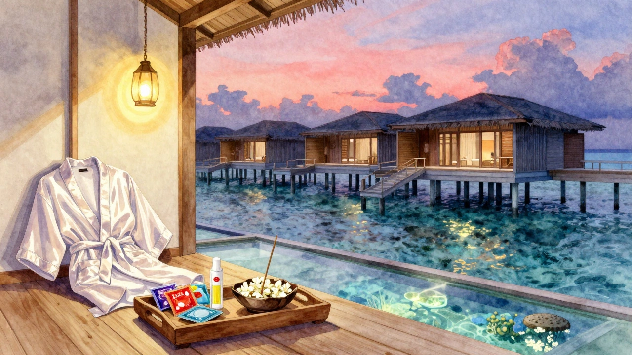 Overwater bungalow with jasmine petals, incense, and silk robe beside a glass floor showing underwater life.