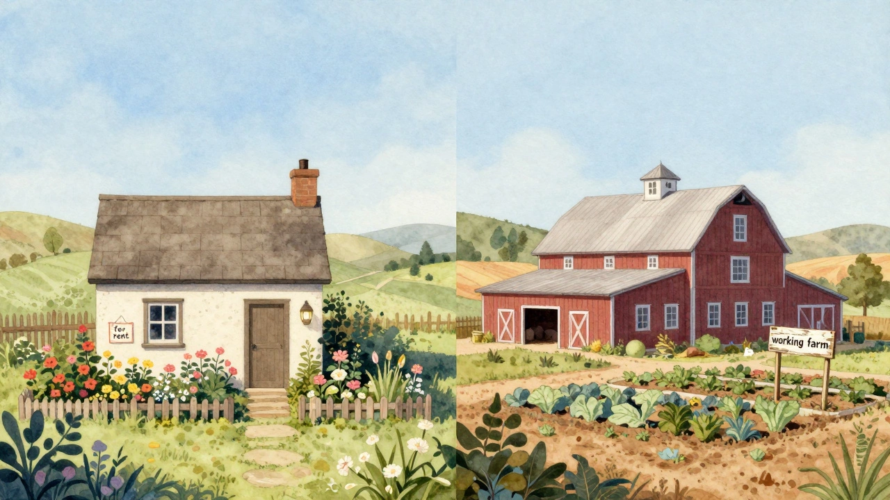 Side-by-side view of a charming cottage and a practical farmhouse with outbuildings.