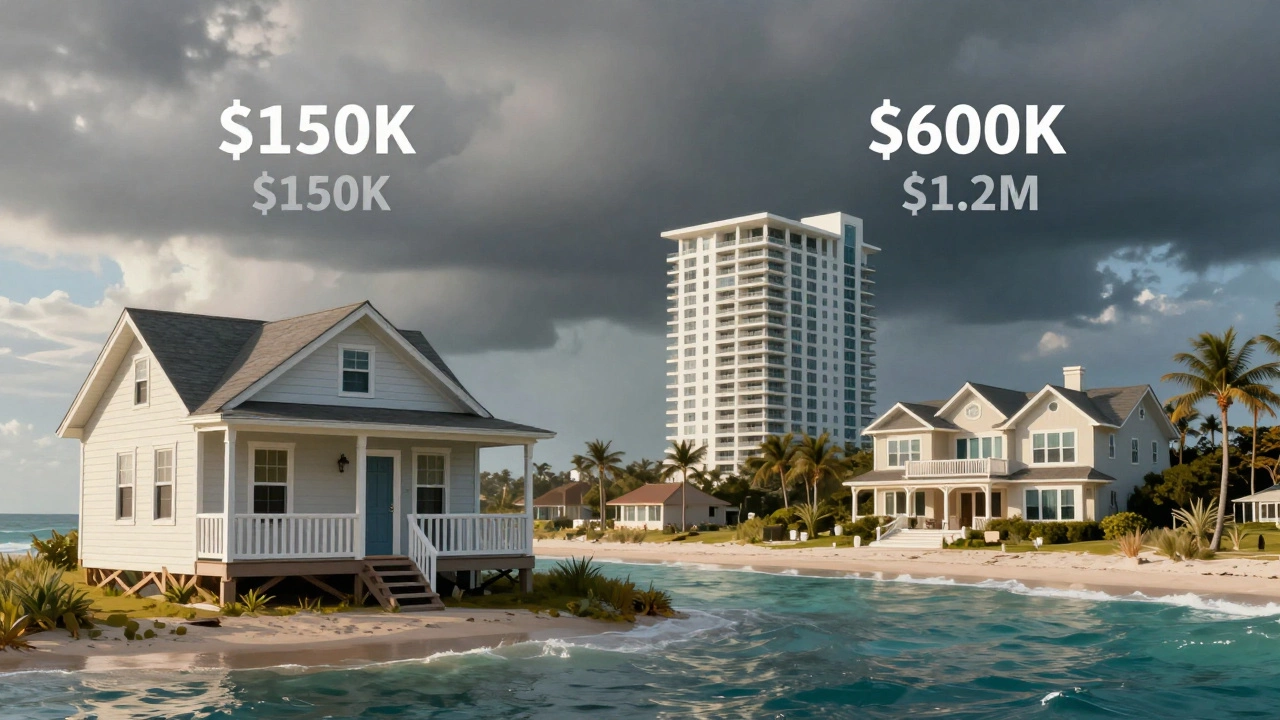Small Mississippi cottage contrasted with expensive Florida and California oceanfront homes.