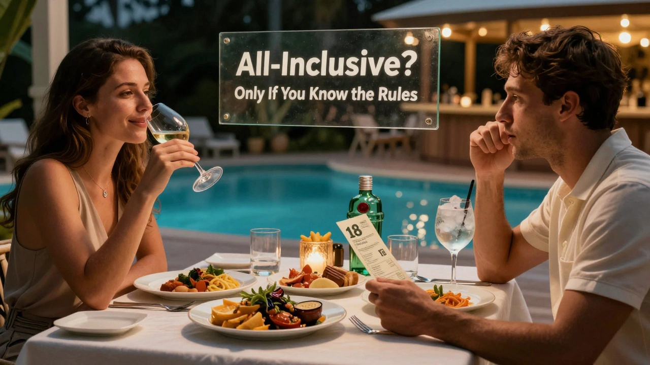 Split image of a guest enjoying included drinks versus being shocked by a premium drink charge at a resort bar.
