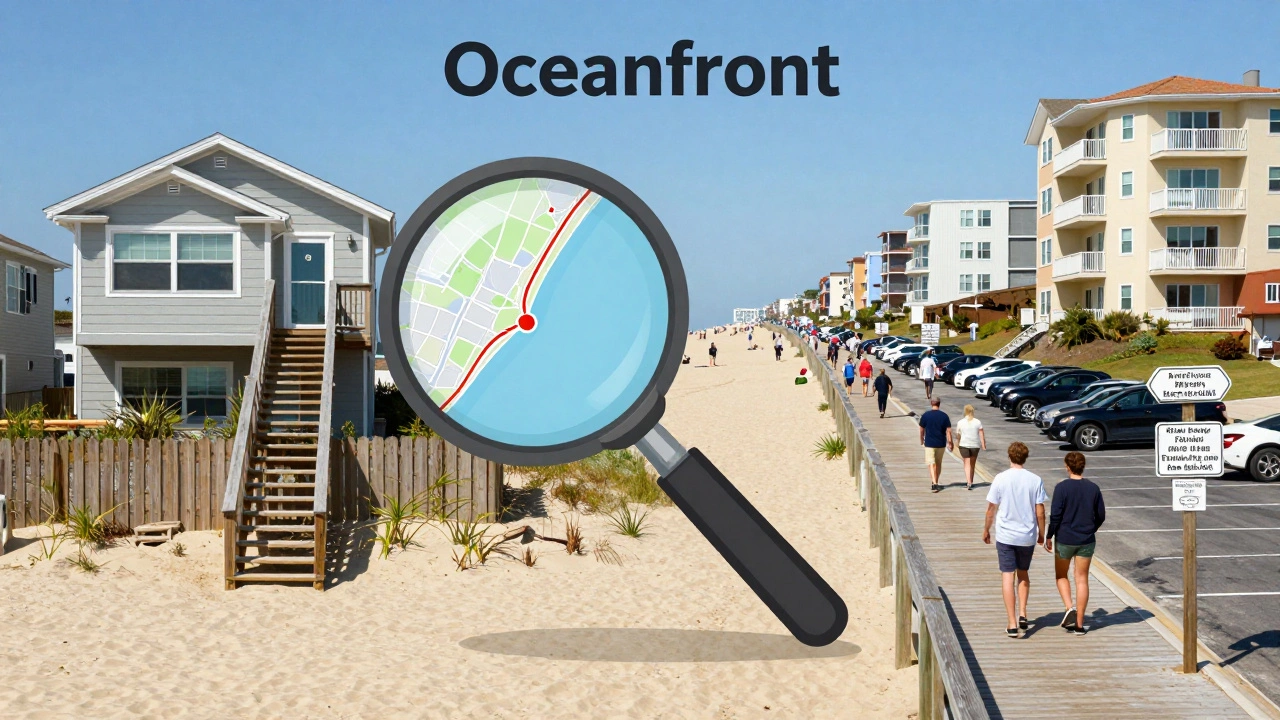 Split-screen comparison: private oceanfront access vs. crowded public beach path.