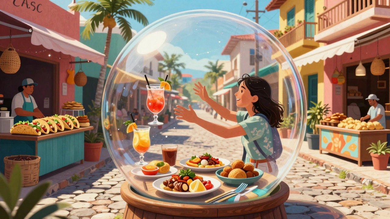 Tourist inside a glass bubble surrounded by bland resort food, while vibrant local culture shines outside.