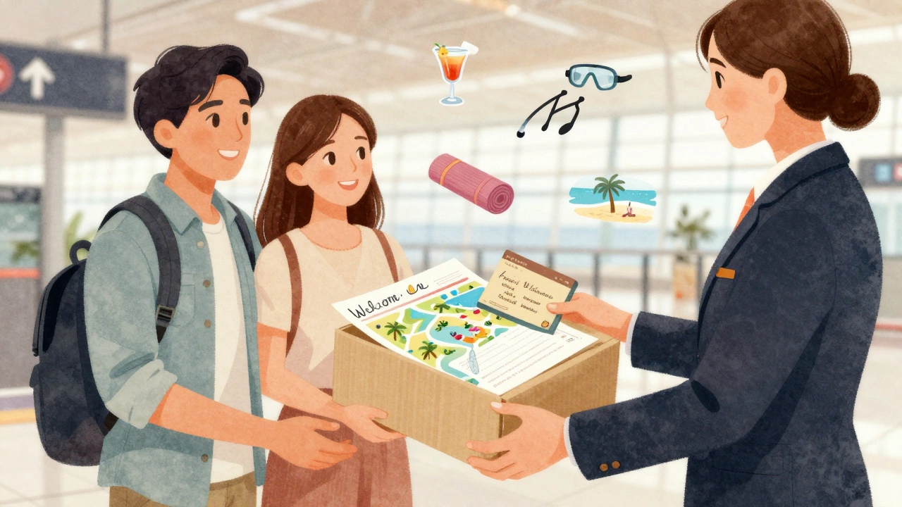 Travel agent giving personalized welcome package to couple at airport, featuring resort perks and handwritten note.