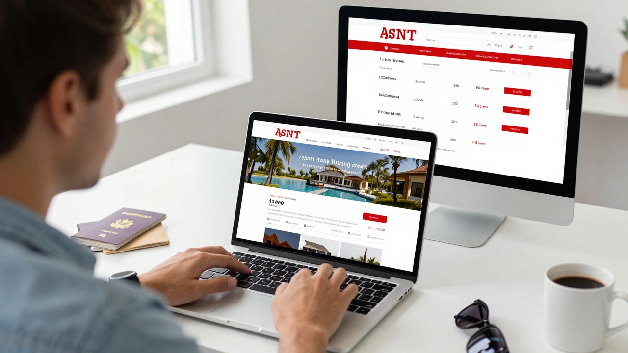 Traveler comparing resort booking websites on a laptop, with clear pricing and hidden fees highlighted.