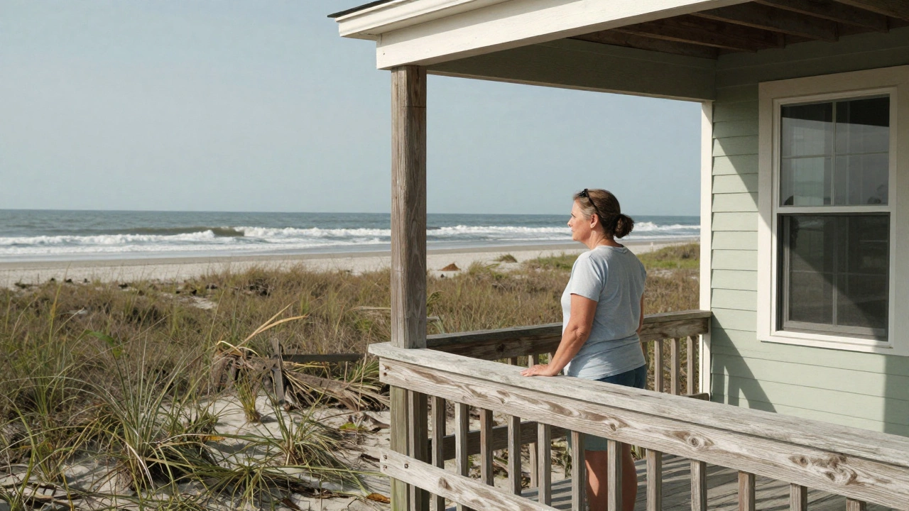 Woman standing on a simple beachfront porch in Mississippi, gazing at the sea.