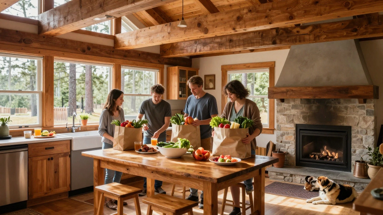 A family cooking and eating together in a rustic cabin kitchen with natural light and pine trees outside.