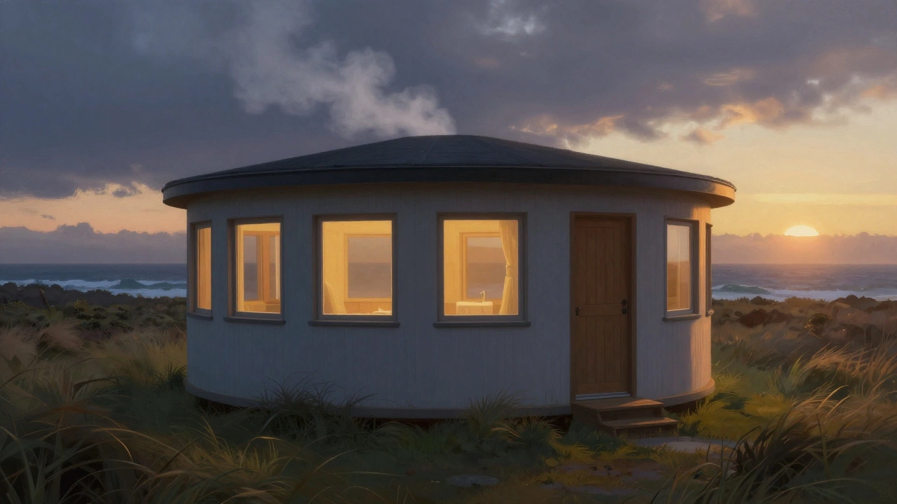 A round eco-cottage at sunset with evenly spaced windows, steam rising from the roof, surrounded by grass and ocean.