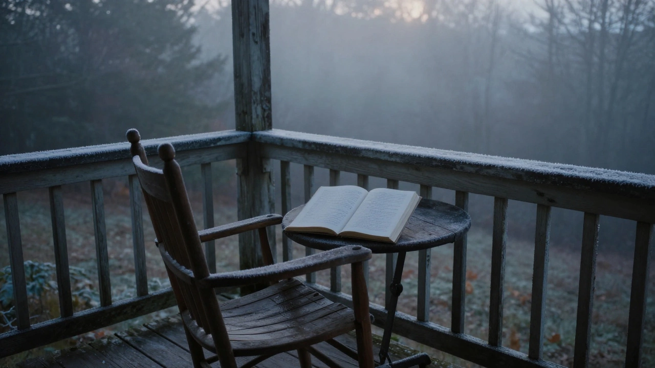 An empty cabin porch at dawn with an open guestbook and mist rising from the forest.