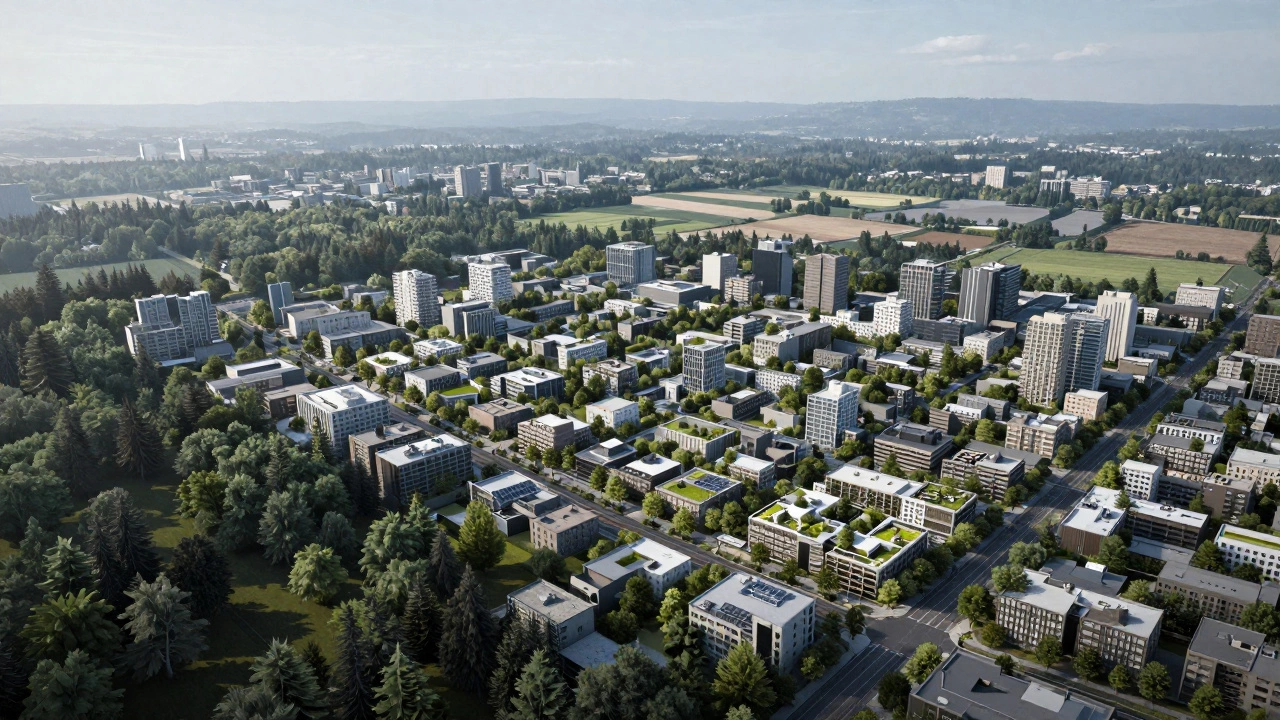 Bird’s-eye view of Portland’s dense green city surrounded by protected farmland and forests.
