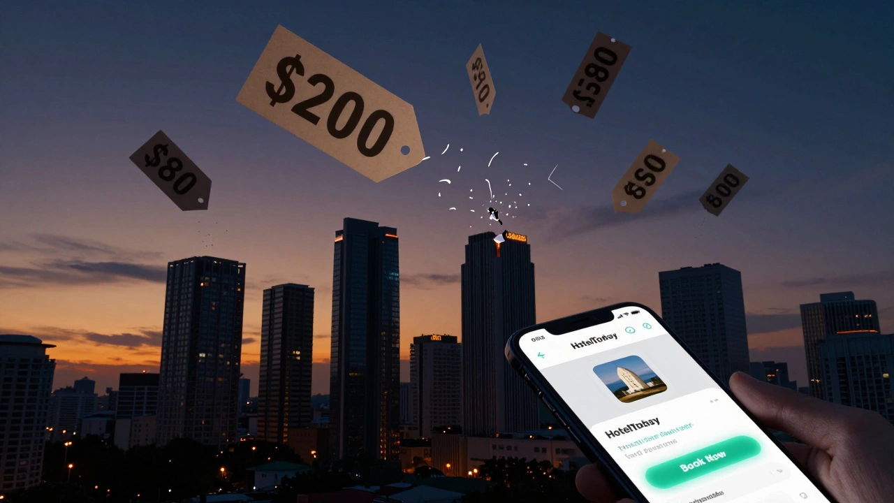 City skyline at dusk with falling hotel prices dropping to last-minute deals after 5:30 PM.