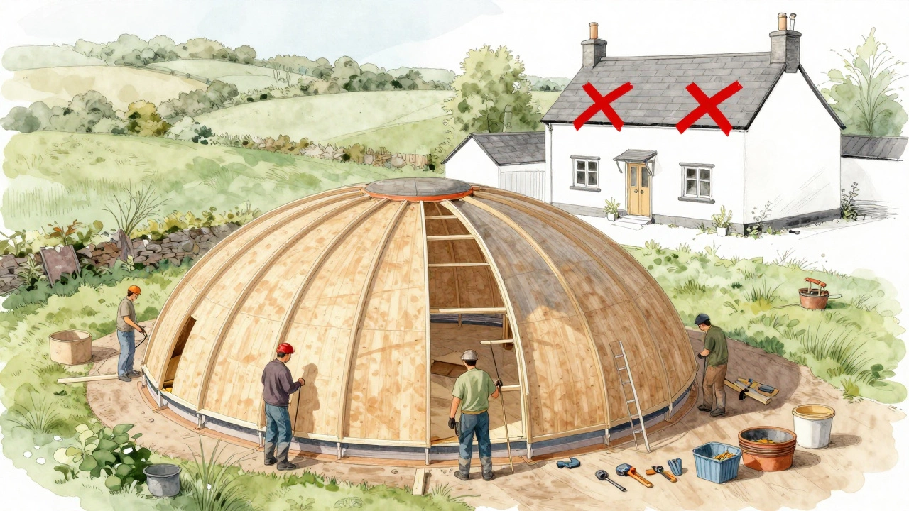 Construction of a round house with curved panels and a simple dome roof, compared to a rectangular design with crossed-out angles.