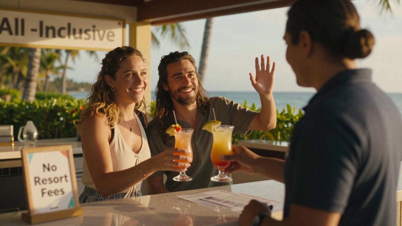 Couple receiving complimentary drink after successfully refusing resort fee