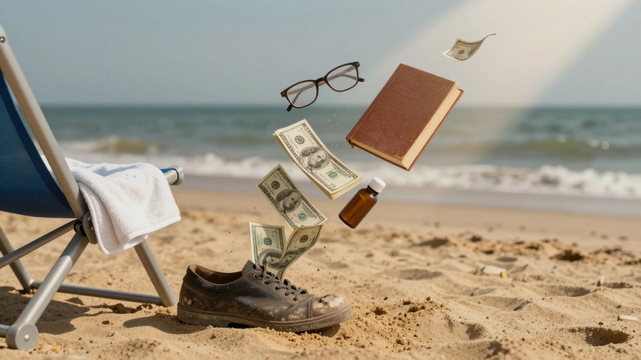 Dollar bills transforming into symbols of human need beside a beach towel