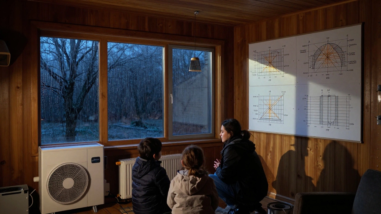 Family inside home with cold heat pump, storm outside, windows showing limited winter sunlight.