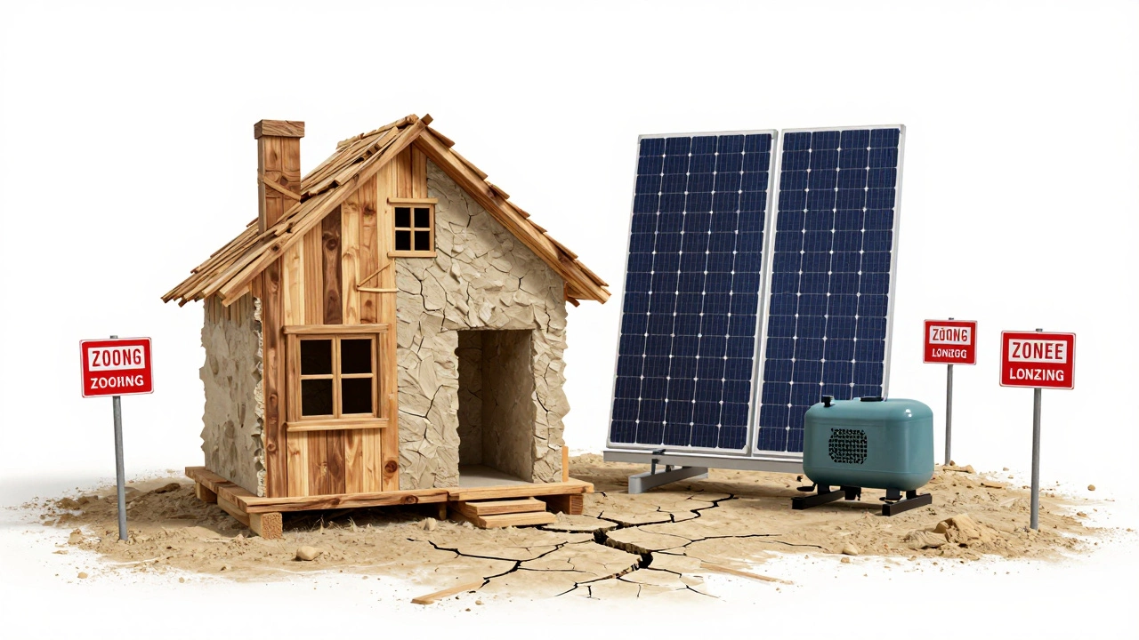 Fragmented eco-home made of sustainable materials, trapped in red tape maze with generator and zoning signs.