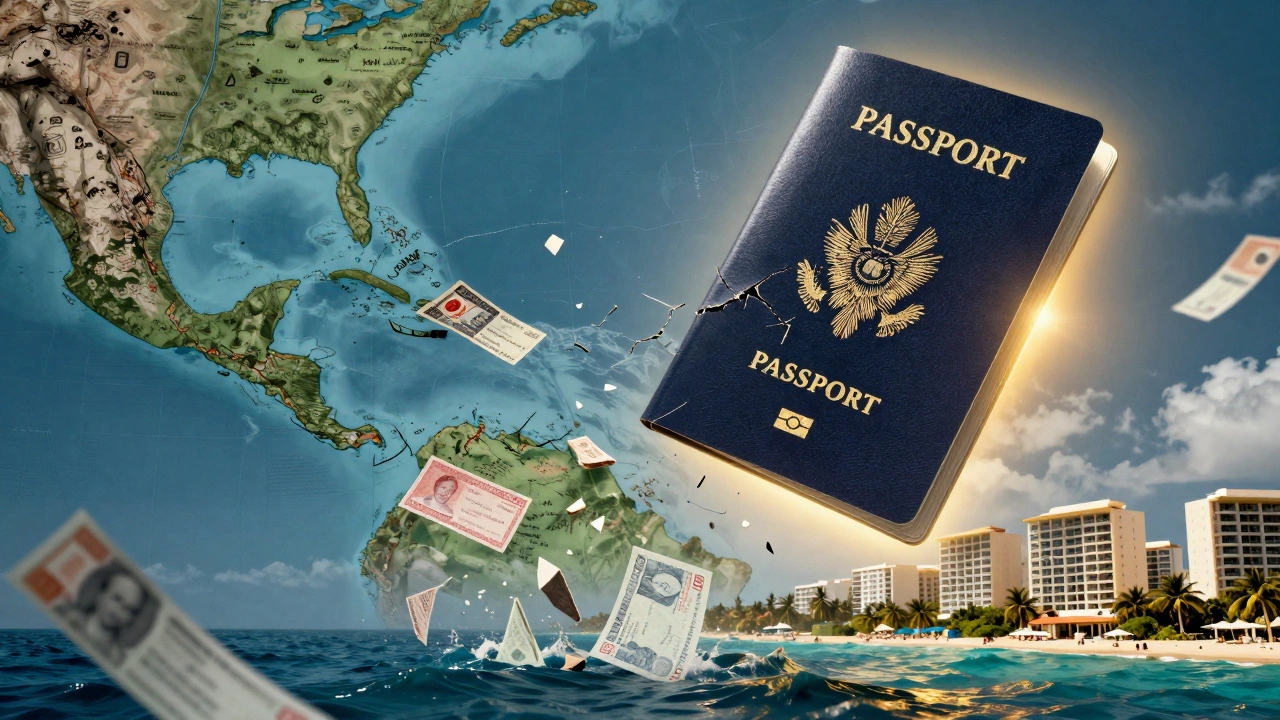 Giant cracked passport above Caribbean map, other documents falling into sea