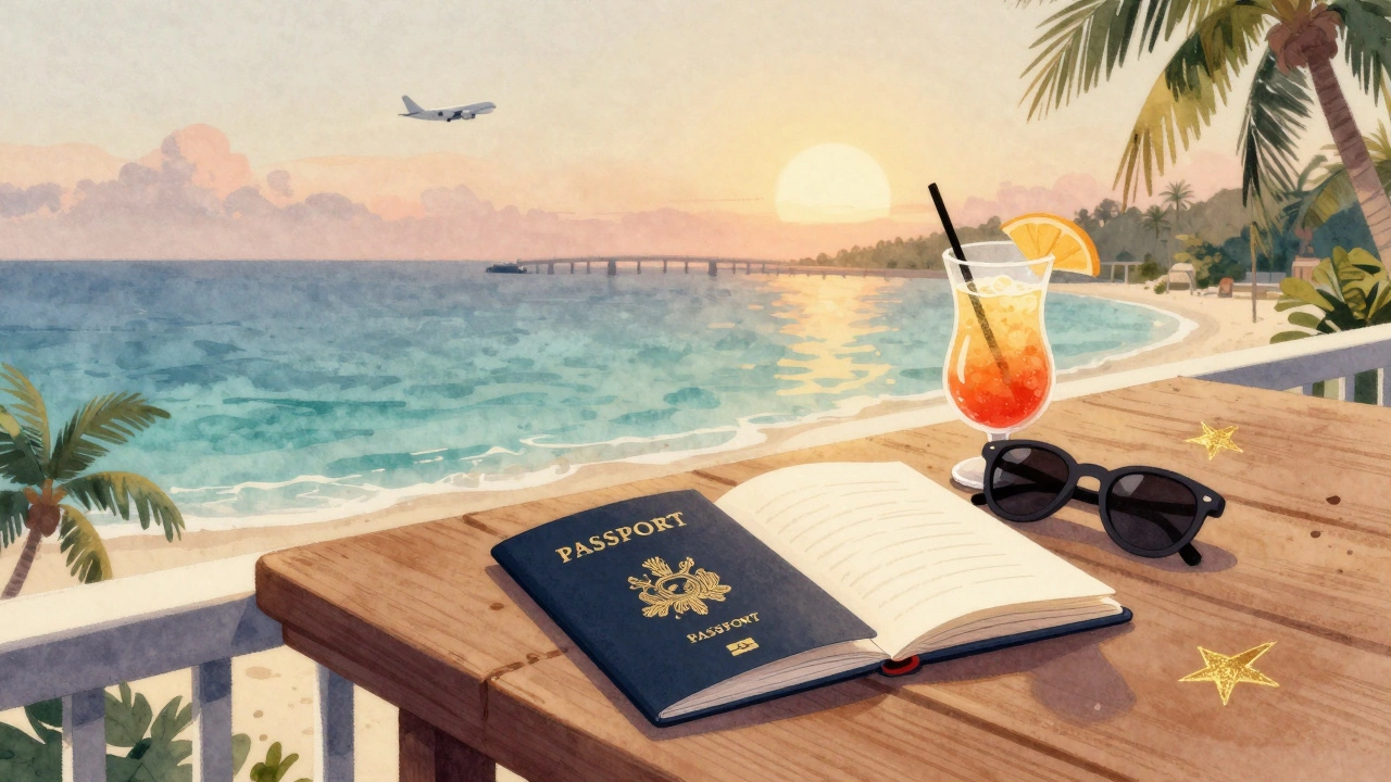 Passports on resort balcony at sunset with ocean view and child's passport beside adult's