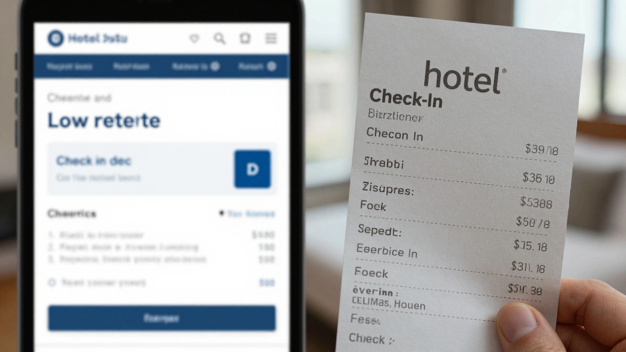 Side-by-side view of hidden resort fee on booking page versus receipt