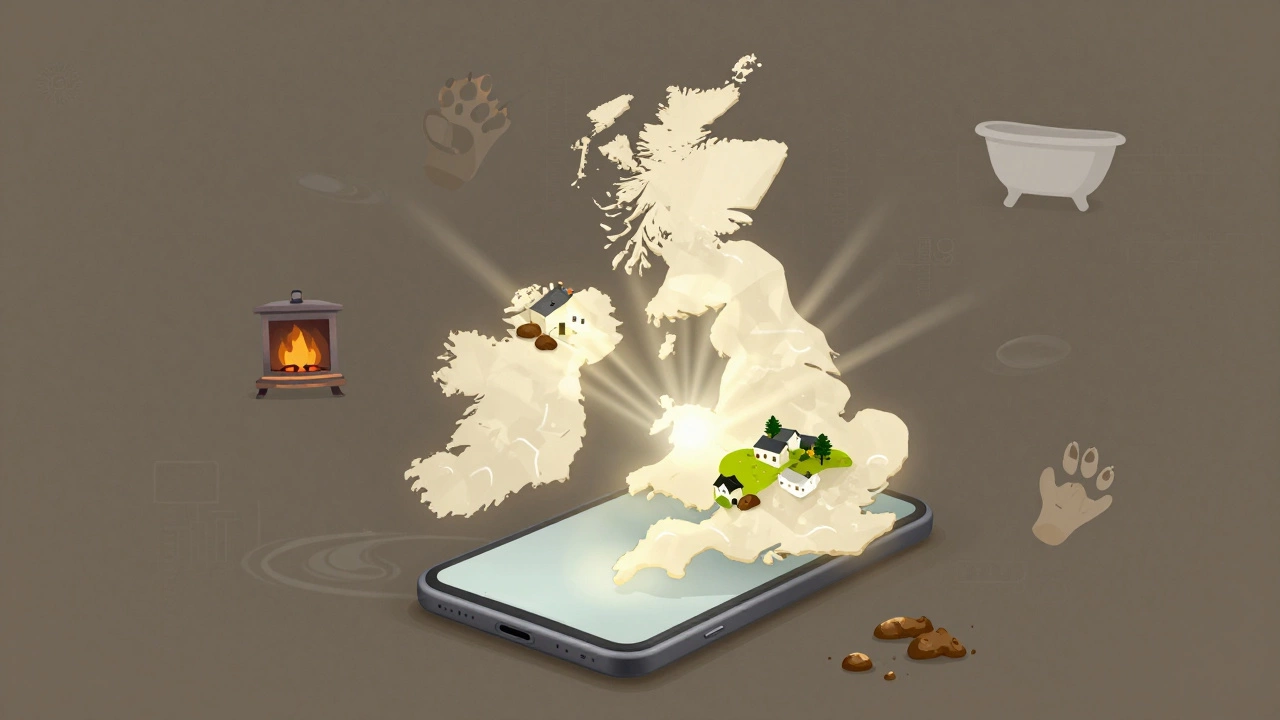 Smartphone screen floating over UK map with real-time cottage deals glowing across regions.