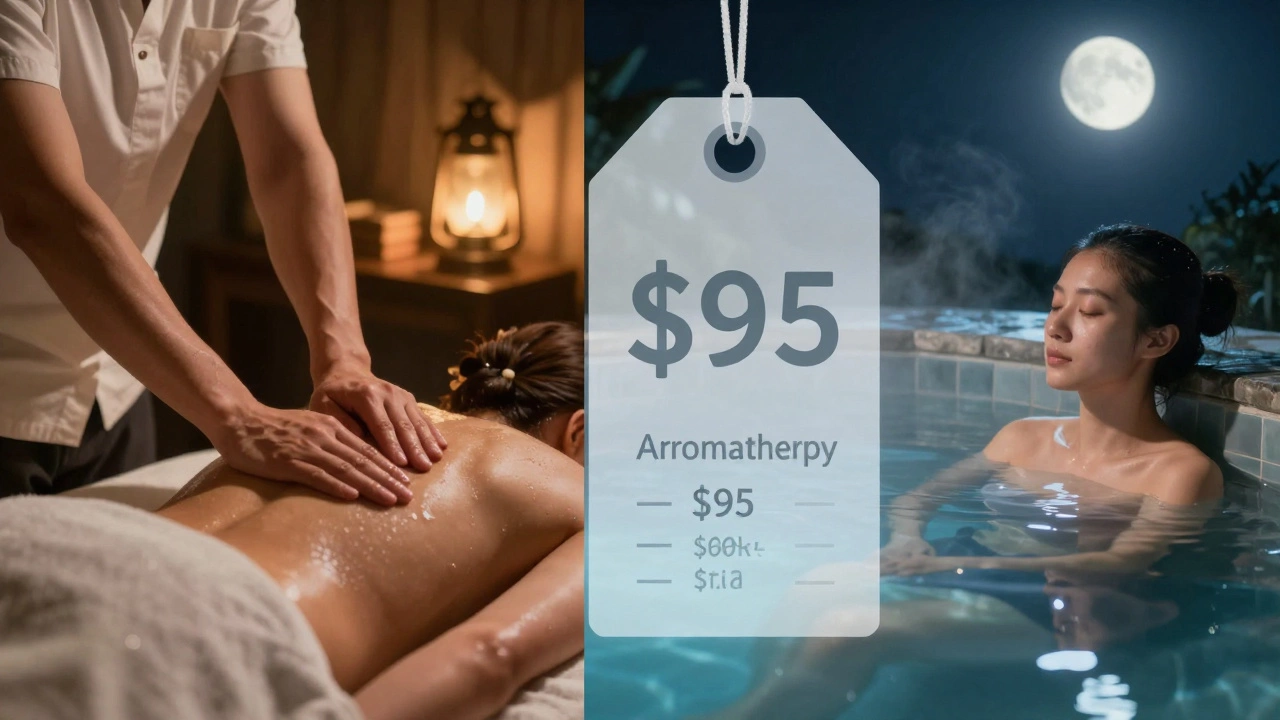 Split image: one person getting a paid massage, another soaking in a free thermal pool under moonlight.