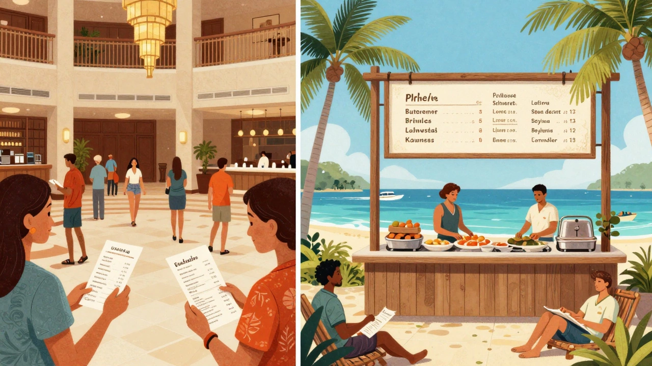 Split scene comparing chaotic U.S. hotel charges with serene Caribbean all-inclusive resort.