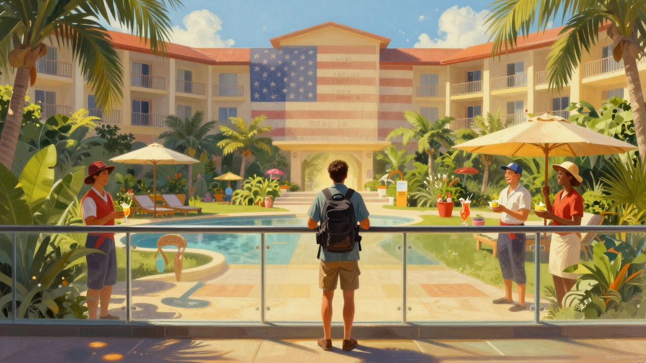 Traveler gazing across a border at a vibrant all-inclusive resort while behind lies a fragmented hotel system.