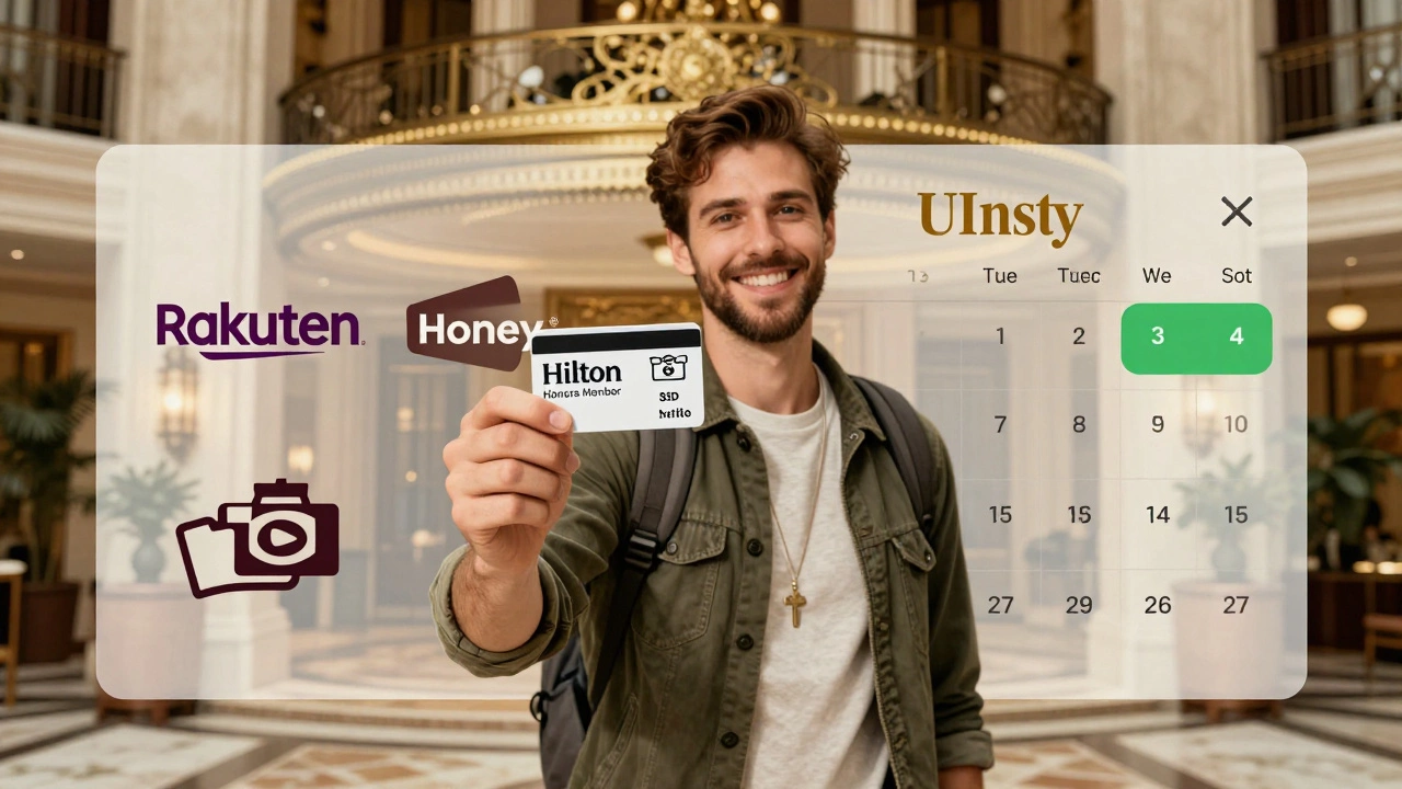 Traveler holding a loyalty keycard with cashback icons and weekday savings overlay in vintage poster style.