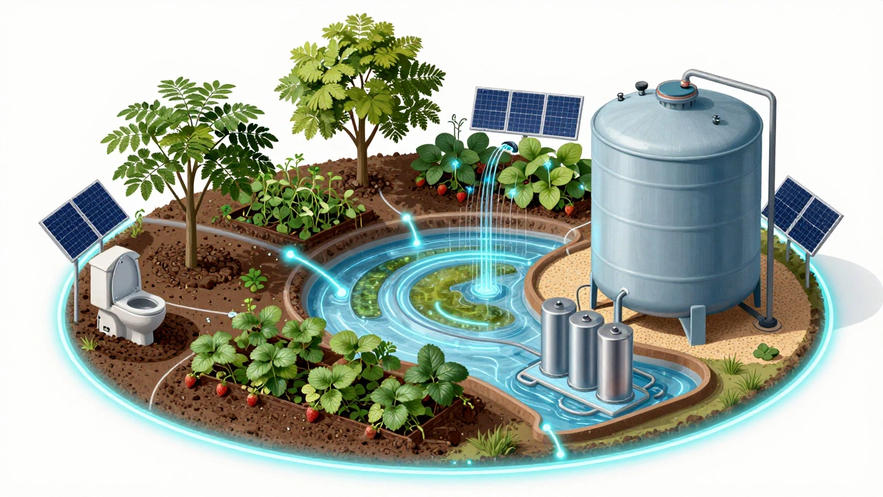 A circular ecosystem diagram showing waste turning to soil, water being purified, and carbon being captured in a sustainable home.